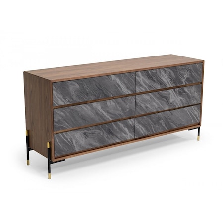 Homeroots 63" Walnut And Grey Faux Marble Wood Six Drawer Double Dresser 473111