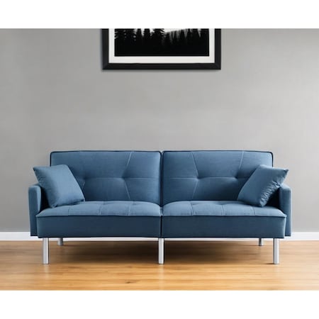 Homeroots 85" Blue Polyester Blend Convertible Futon Sleeper Sofa And Toss Pillows With Silver Legs 544953