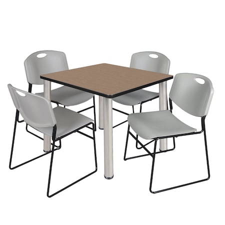 Regency Square Kee Breakroom Table W/ 4 Zeng Stack Chairs, 42 in W, 42 in L, Noble Oak TB4242NOBPCM44GY