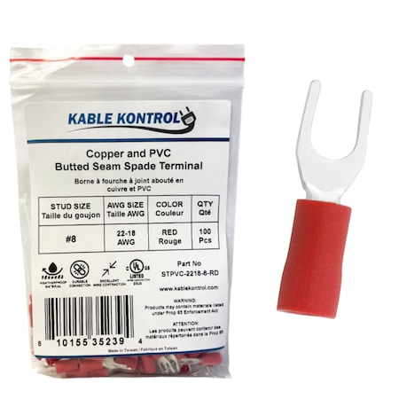 Kable Kontrol Fork Terminal, #8 Stud Size, 18 AWG, Red, 100 PK STPVC-2218-8-RD