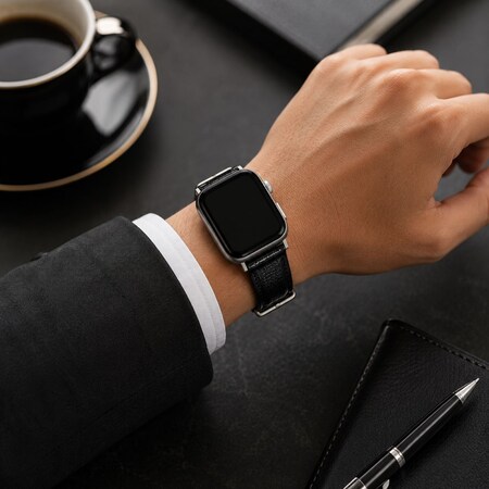 Elegani Leather Band Compatible with Apple Watch 44mm, Black, Black/Rose Gold/Yellow Gold Buckle LZQR2-BLK-44