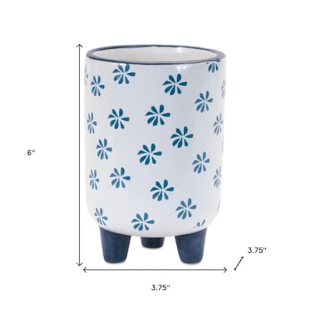 Homeroots Set of Three Blue And White Ceramic 1 Ounce Striped Round Pot Planters 634279