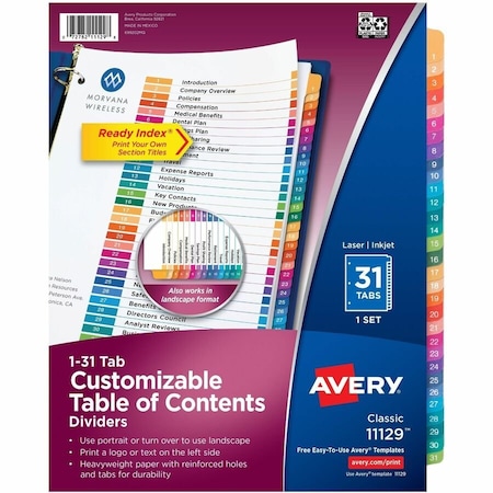 Avery Index Tabs, Multicolor, 1 to 31 Tabs, PK31 AVE11129