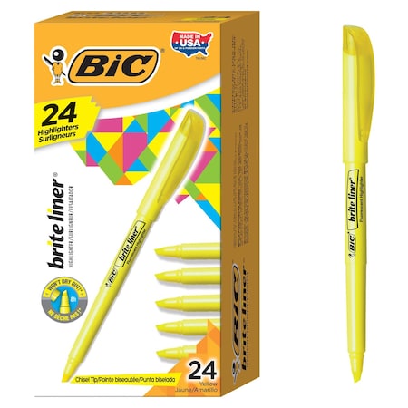 Bic Brite Liner Highlighters Markers, Chisel Tip Super Bright Yellow Fluorescent Highlighters Ink, 24PK BL241-YEL