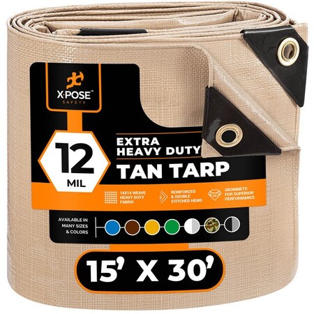 Xpose Safety Tarp, 15 ft x 30 ft, 12 Mil, Tan, Polyethylene THD-1530-X