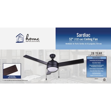 Home Impressions Sardiac 52'' Brushed Nickel Outdoor Ceiling Fan with Light Kit CF52SAR3BN-B