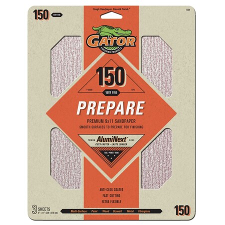 Gator Finishing AlumiNext Premium 9 x 11 in. Sandpaper, 150 Grit, 3PK 7264