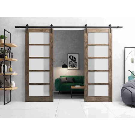 Sartodoors Sturdy Double Barn Door with Frosted Glass Oak 36x84 (2* 18x84) Solid Core Modern Interior QUADRO4002DB-AKA-3684