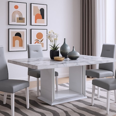 Homeroots 79" Light Gray and White Marble and Wood Pedestal Base Dining Table 564903