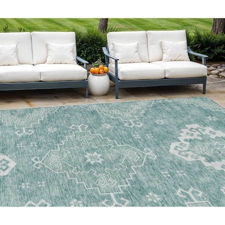 Homeroots 10' X 14' Aqua Teal Blue And Ivory Medallion Washable Indoor Outdoor Area Rug 589031