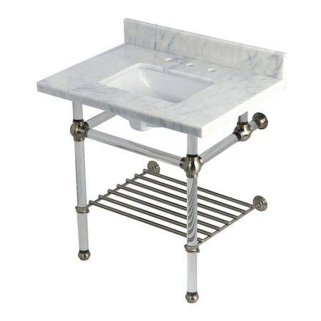 Kingston Brass 30-Inch Carrara Marble Console Sink with Acrylic Legs and Shelf, 8-Inch, 3-Hole KVPB3030MASQB8