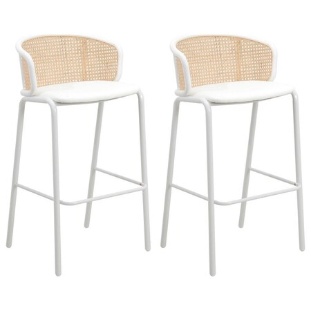 Leisuremod Ervilla Wicker Bar Stool with Fabric Seat and White Powder Coated Steel Frame, White, 2PK EBW-31W2