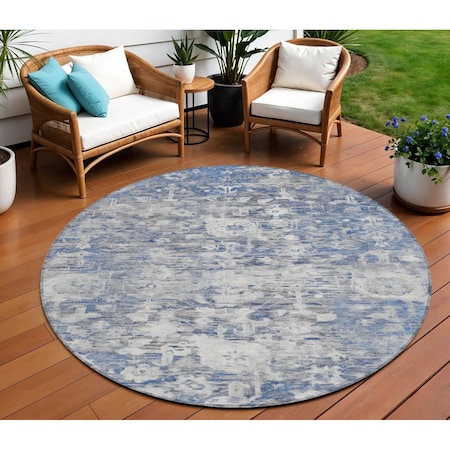 Homeroots 8' Blue And Denim Blue Round Floral Washable Indoor Outdoor Area Rug 609530