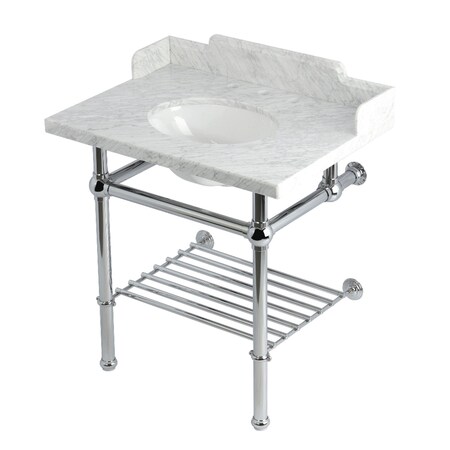 Kingston Brass 30-Inch Carrara Marble Console Sink with Brass Legs and Shelf, 8-Inch, 3-Hole LMS3030MBB1