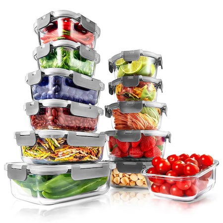 Serenelife 24 Piece Glass Storage Containers with Lids, Glass Meal Prep Container Set for Lunch, Gray, 24PK SLGL24GY