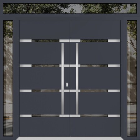 Vdomdoors Metal Double Doors Deux 1105 Gray Graphite Mirrored Glass 2 Sidelights and Top Transom Entry Modern DEUX1105DEXD-GRE-W16+72+16xH96+12-RH-O