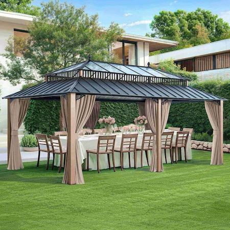 Sunjoy Kingston 20x12 Gazebo, Steel & PC Roof Hardtop Gazebo with Curtain and Netting - Woodgrain Aluminum A1020438A000