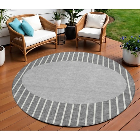 Homeroots 8' Gray And Ivory Round Striped Washable Indoor Outdoor Area Rug 597165