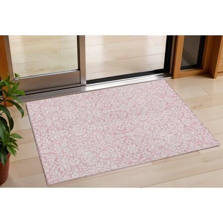Homeroots 3' X 5' Pink And Ivory Damask Washable Indoor Outdoor Area Rug 595181