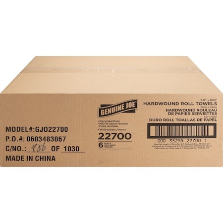 Genuine Joe Hardwound Roll Paper Towels - 7.90 x 800' - White, 6PK GJO22700