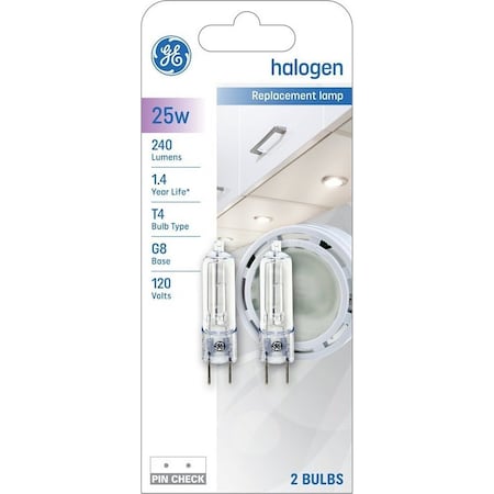 Ge Halogen Bulb, 25 W, G8 Bi-Pin Lamp Base, T4 Lamp, 1500 hr Average Life, 2PK 84886