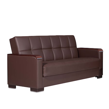 Homeroots 87" Brown Faux Leather Convertible Futon Sleeper Sofa And Toss Pillows With Storage 607105