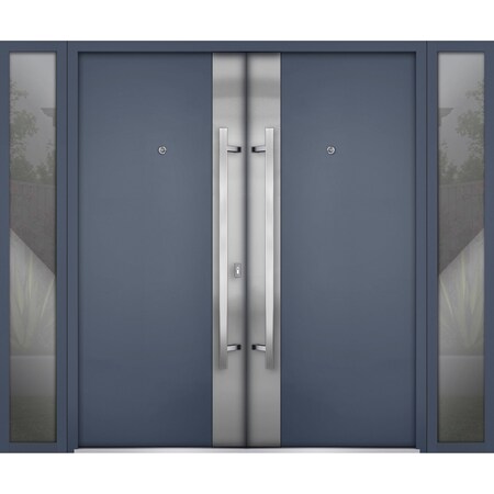 Vdomdoors Steel Double Doors Deux 0729 Gray Graphite 2 Sidelight Exterior Windows Stainless Inserts Single Mo DEUX0729DEXD-GRE-RH-W14+72+14 x H80