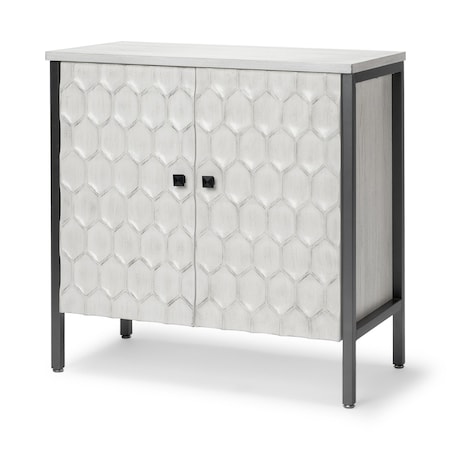 Homeroots 32in White and Gray Wood and Metal Carved Geometric Accent Cabinet With Two Doors 611056