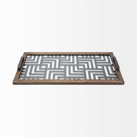 Homeroots 32in Brown and Black Glass Metal And Wood Geometric Serving Tray With Handles 376028