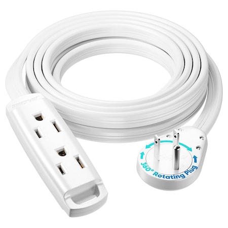 Maximm 10ft 14AWG 3-Outlet 360 degrees Flat Plug Extension Cord w/ Loop, UL, White ADW-S360-C1F10-14W0