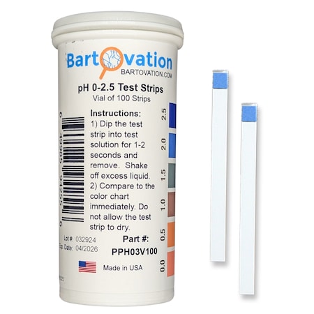 Bartovation pH 0-2.5 PLASTIC STRIPS [Moisture-Proof Vial of 100 Strips] PPH03V100