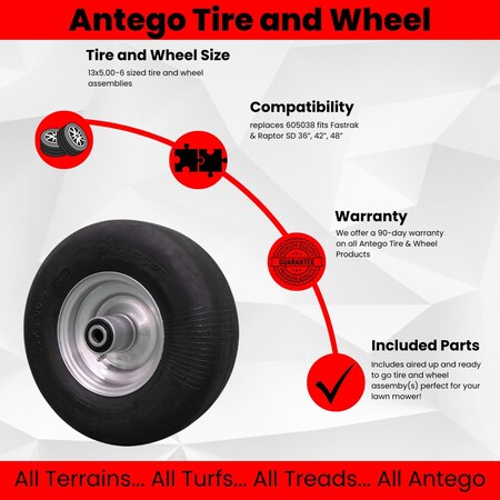 Single Hustler Flat Free 13x5.00-6 , replaces 605038 fits Fastrak & Raptor SD 36in, 42in, 48in -  ANTEGO