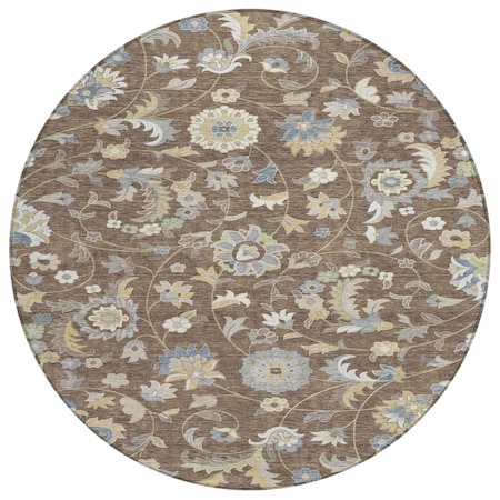Homeroots 8' Chocolate Beige And Blue Round Floral Washable Indoor Outdoor Area Rug 597808