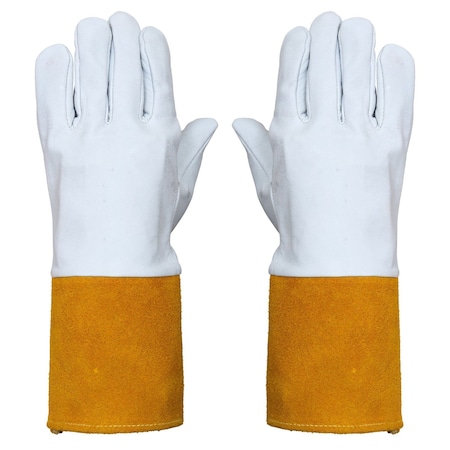 Supremeplus Grain Goatskin Leather TIG Welding Gloves with Extended Yellow Cuff, White, Size: XL, Pair 1 SP-6137