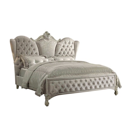 Homeroots Ivory and White Solid Wood And Tufted Velvet Bed Frame With Nailhead Trim 348175