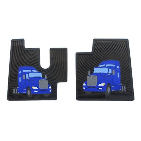 Replacement For Kenworth W900L Aerocab Year 2015 Black Rubber Floor Mat Set With Blue Truck