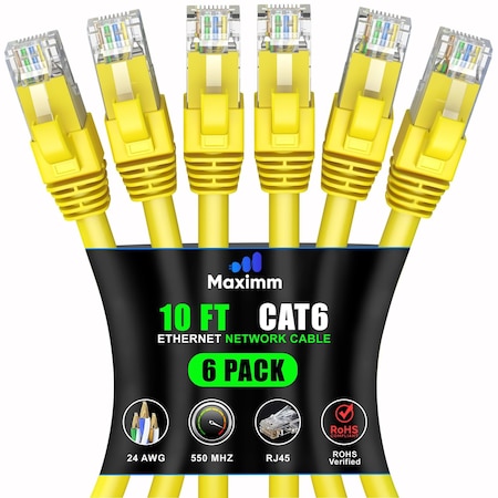 Maximm Cat6 Ethernet Cable 10ft 10Gbps 550MHz UTP, 6PK, Yellow, 6PK CAT6CCA-10YL-6PK