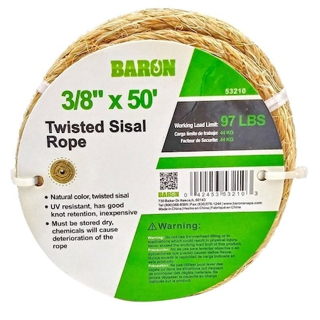 Baron Rope, 3/8 in Dia, 50 ft L, 97 lb Working Load, Sisal, Natural 53210