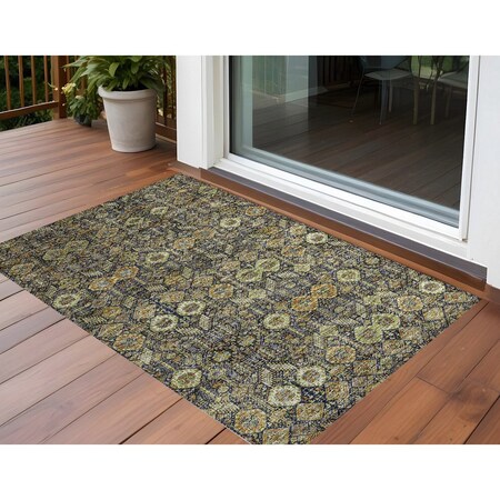 Homeroots 2' X 3' Blue and Orange Floral Washable Non Skid Indoor Outdoor Area Rug 564347