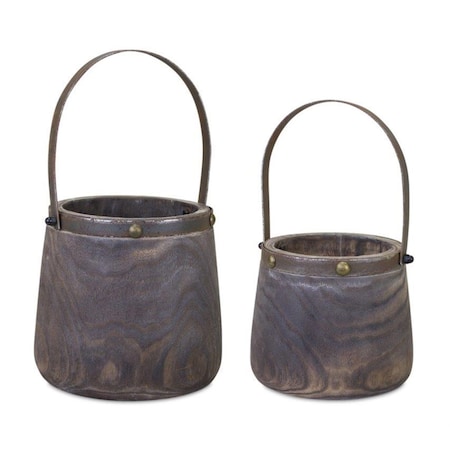 Homeroots Set of Two Brown Wood And Steel Bucket Pot Planters, 2PK 632596