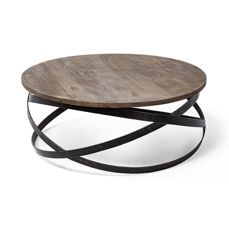Homeroots 41" Brown and Black Solid Wood and Metal Round Coffee Table 376275