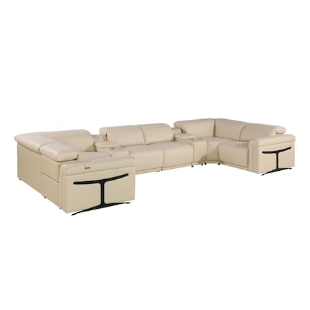 Homeroots Beige Italian Leather Power Reclining U Shaped Eight Piece Corner Sectional With Console 634675