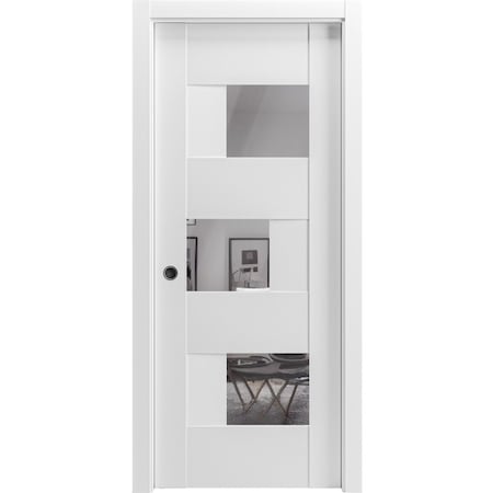 Vdomdoors Sliding Pocket Door 30x96 inches with Opaque Glass Sete 6999 White Silk with Mirror Kit Rail SETE6999PD-WS-3096