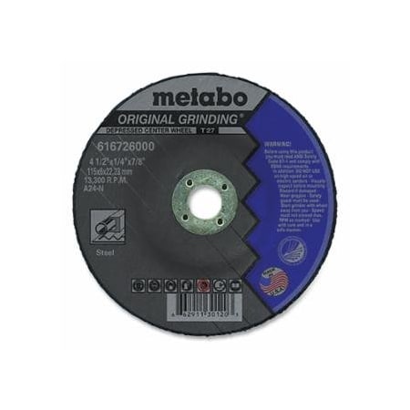 Metabo Original Grinding Wheel, T27, A24N, 4-1/2 in dia, 1/2 in Thick, 7/8 in, 13300 RPM, Aluminum, 25PK 469-US616726000
