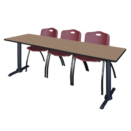 Regency Cain T-Base Training Seminar Table W/ 3 M Stack Chairs, 84 in W, 24 in L, Noble Oak MTRCT8424NO47BY