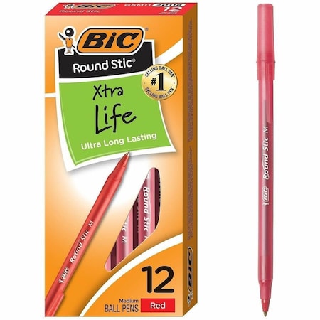 Bic Round Stic Ballpoint Pen, Medium, Red Ink, Dozen GSM11RD