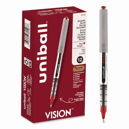 Uni-Ball VISION Stick Roller Ball Pen, Fine 0.7mm, Red Ink, Gry/Red Barrel, PK12 60139