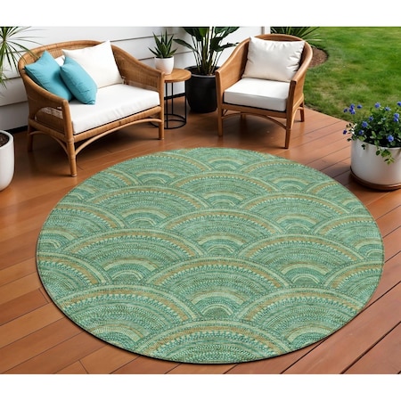 Homeroots 8' Sage Fern Green And Peach Round Geometric Washable Indoor Outdoor Area Rug 615232