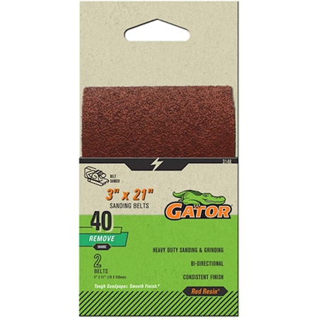 Gator Finishing Red Resin 3 x 21 in. Sanding Belt, 40 Grit, Coarse, 2PK 3148