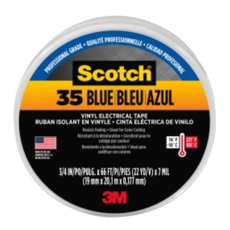 Scotch Electrical Tape, 66 ft L, 3/4 in W, PVC Backing, Blue 10836-DL-10
